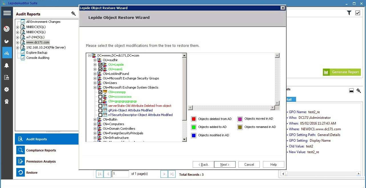 A screenshot of the Lepide Object Restore Wizard showing how to restore object modifications - including objects deleted/added/modified/moved/re-named in Active Directory