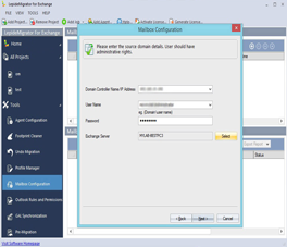 Entering Target Domain Details and Selecting Target Exchange Server