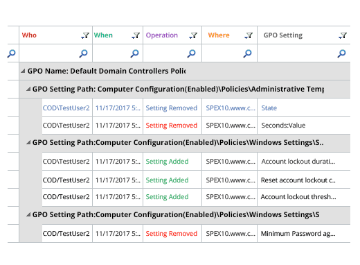 Group Policy Object modification report - screenshot