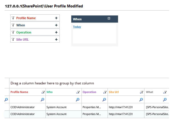 Display all SharePoint user profile changes - screenshot