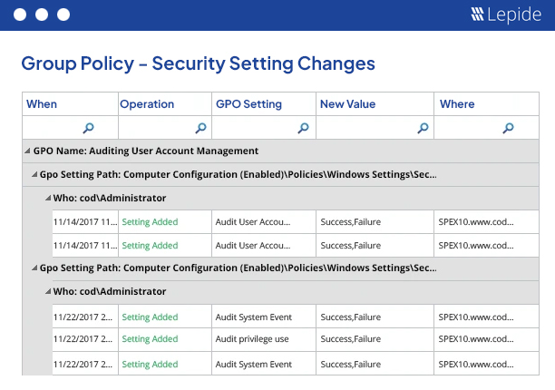See Changes Made in Security Setting Policies - screenshot